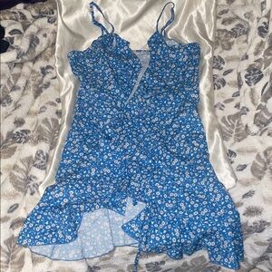 Floral Blue Ruffle Wrap Dress